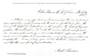 Faksimilekopi av et brev til Sir Joseph Banks fra kaptein Matthew Flinders, datert mars 1806, fra The History of Australian Exploration fra 1788-1888, 1888 (faksimile) (bw-foto)